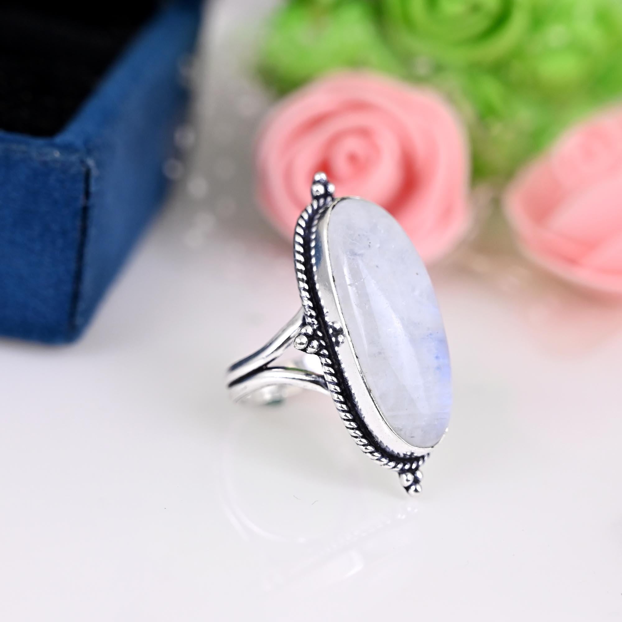 Moonstone Ring for Women, Sterling Silver Ring, Boho Ring, Natural Large Big Blue Stone Ring, Statement Ring