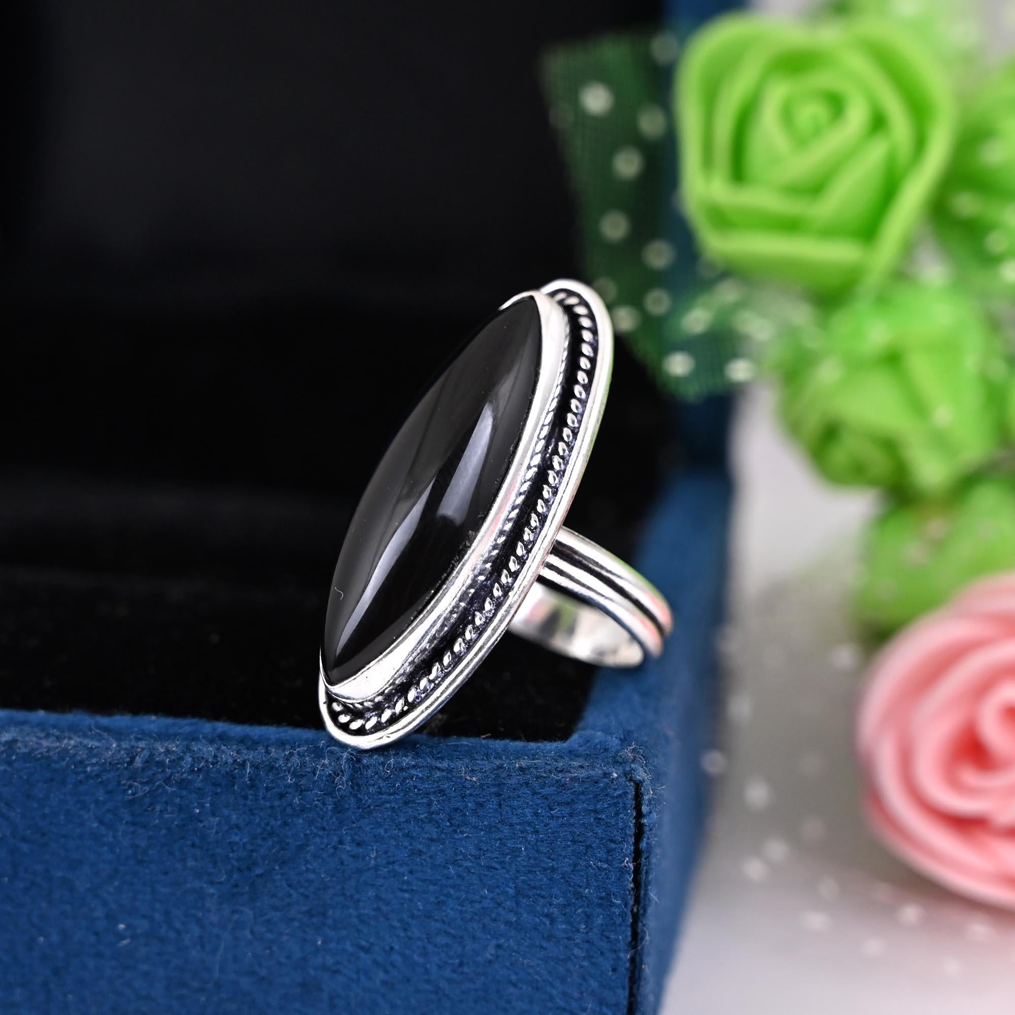 Genuine Black Onyx Ring Black Onyx Statement Ring For Women Black Stone Onyx Ring in Silver Huge Marquise Ring Minimalist Rings,