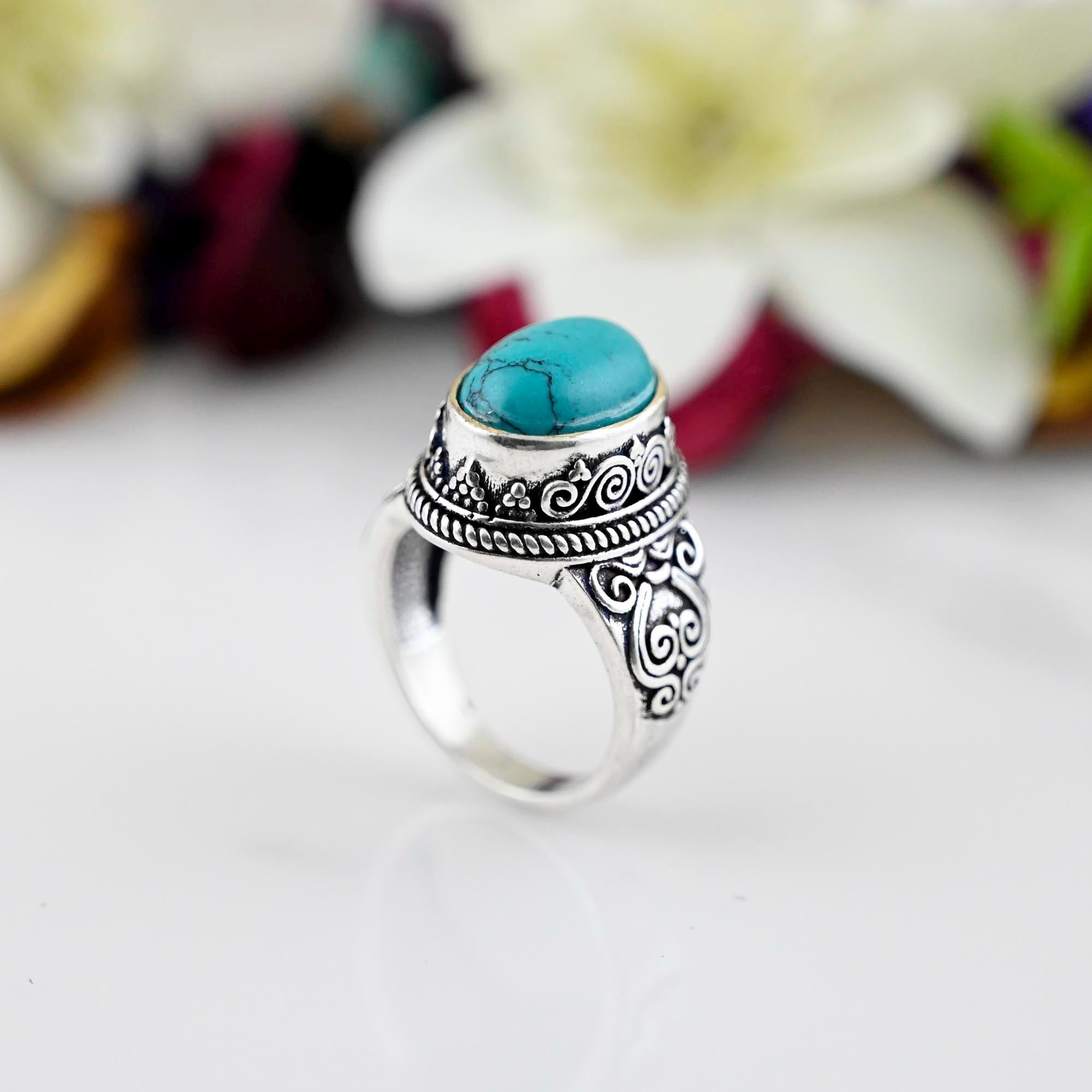 Boho Turquoise Ring, Silver Turquoise Ring, Large Turquoise Ring, Sterling Silver Ring, Birthstone Ring, Bohemian Jewelry, Gift.