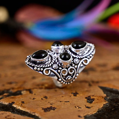 Black Obsidian Gemstone Ring 925 Silver Large Ring Obsidian Jewelry, Big Silver Ring  -Round Stone Ring Gift For Her