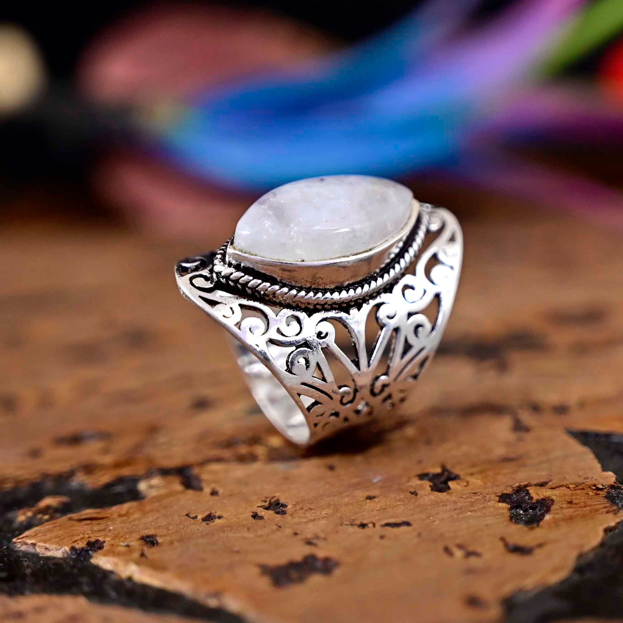 Rainbow Moonstone Ring, Boho Sterling Silver Ring for Women, Statement Ring, Big Stone Gemstone, Bohemian Jewelry
