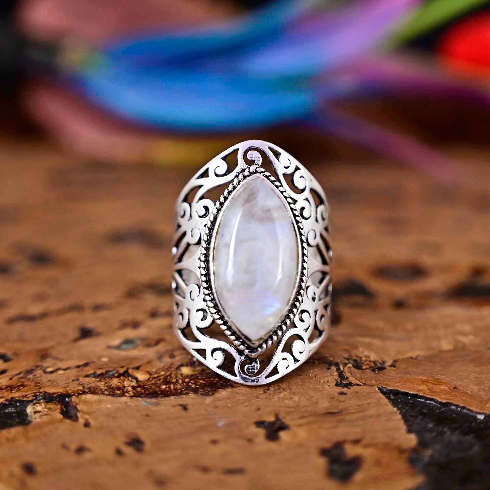 Rainbow Moonstone Ring, Boho Sterling Silver Ring for Women, Statement Ring, Big Stone Gemstone, Bohemian Jewelry
