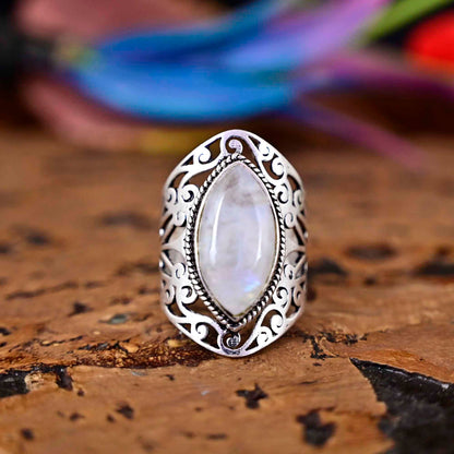 Rainbow Moonstone Ring, Boho Sterling Silver Ring for Women, Statement Ring, Big Stone Gemstone, Bohemian Jewelry