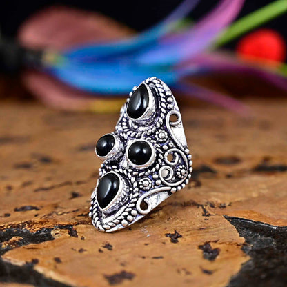 Black Obsidian Gemstone Ring 925 Silver Large Ring Obsidian Jewelry, Big Silver Ring  -Round Stone Ring Gift For Her