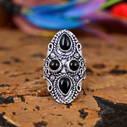 Black Obsidian Gemstone Ring 925 Silver Large Ring Obsidian Jewelry, Big Silver Ring  -Round Stone Ring Gift For Her