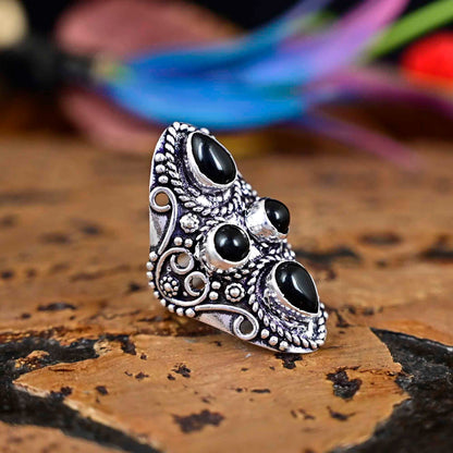 Black Obsidian Gemstone Ring 925 Silver Large Ring Obsidian Jewelry, Big Silver Ring  -Round Stone Ring Gift For Her