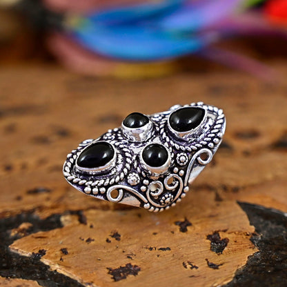 Black Obsidian Gemstone Ring 925 Silver Large Ring Obsidian Jewelry, Big Silver Ring  -Round Stone Ring Gift For Her