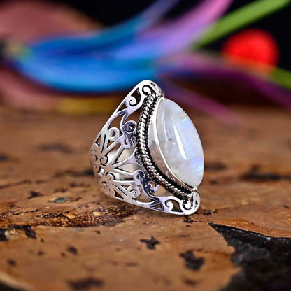 Rainbow Moonstone Ring, Boho Sterling Silver Ring for Women, Statement Ring, Big Stone Gemstone, Bohemian Jewelry