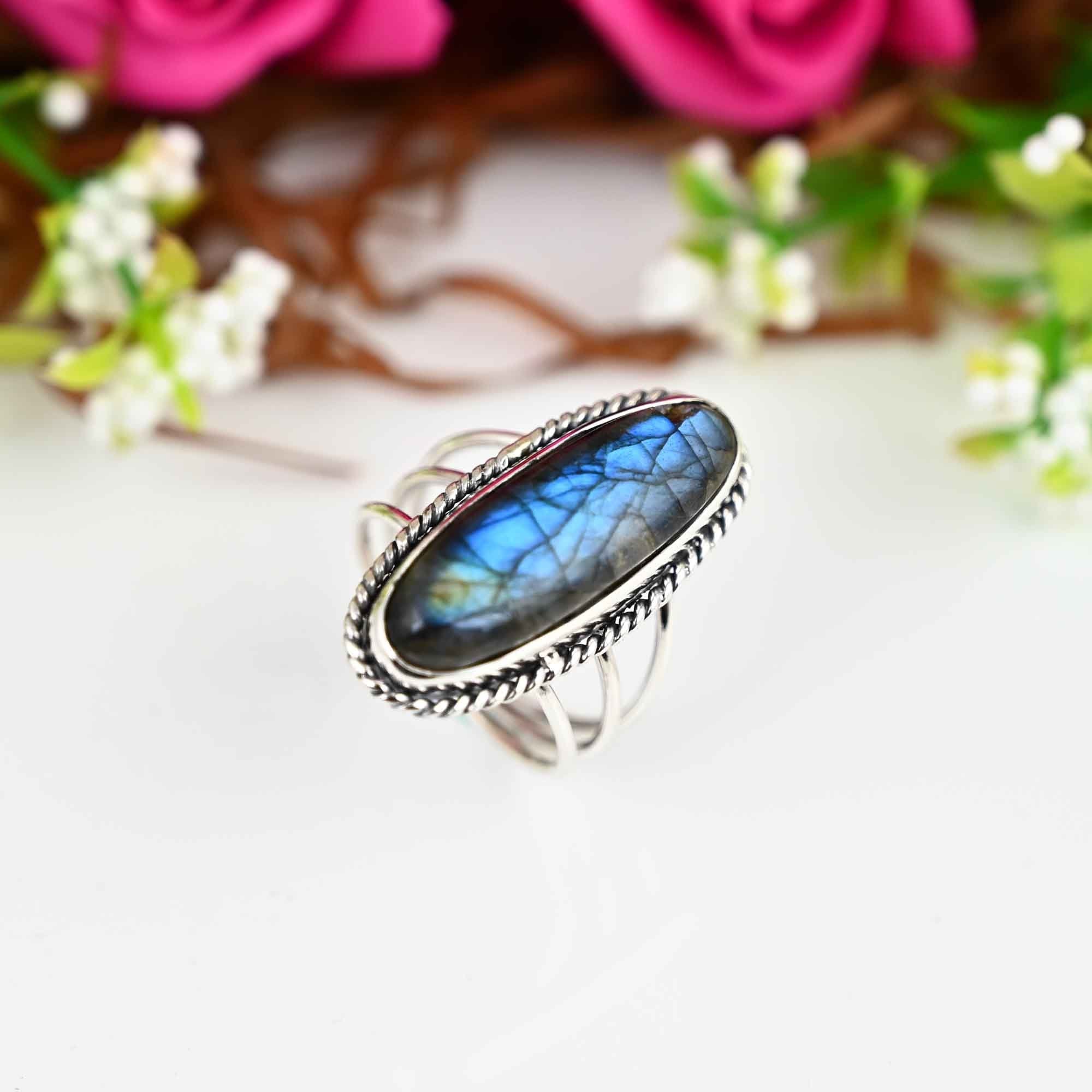 Labrodite Ring, Sterling Silver Ring, Boho Ring, Natural Large Big Blue Stone Ring, Statement Ring, Labrodite Ring For Women
