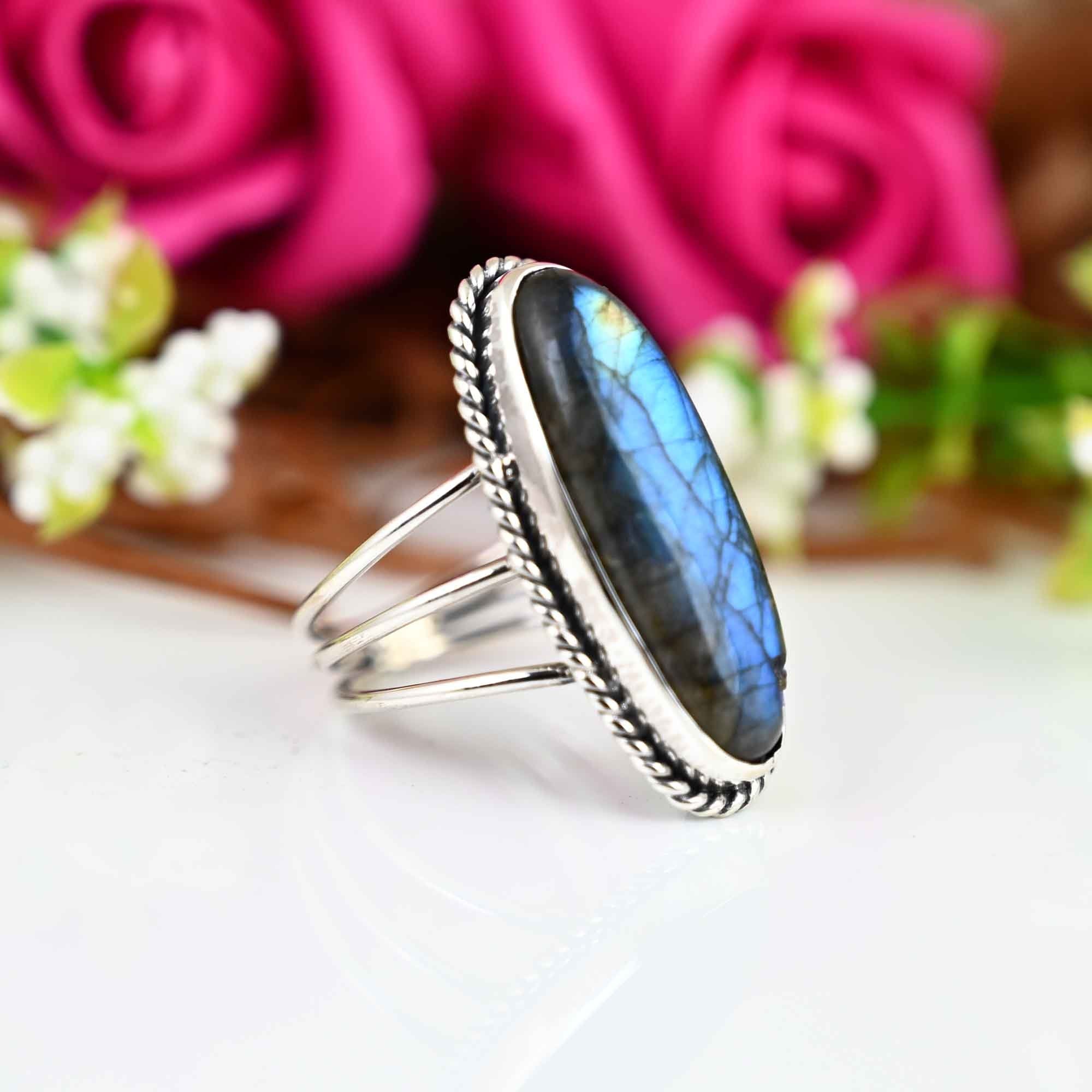 Labrodite Ring, Sterling Silver Ring, Boho Ring, Natural Large Big Blue Stone Ring, Statement Ring, Labrodite Ring For Women
