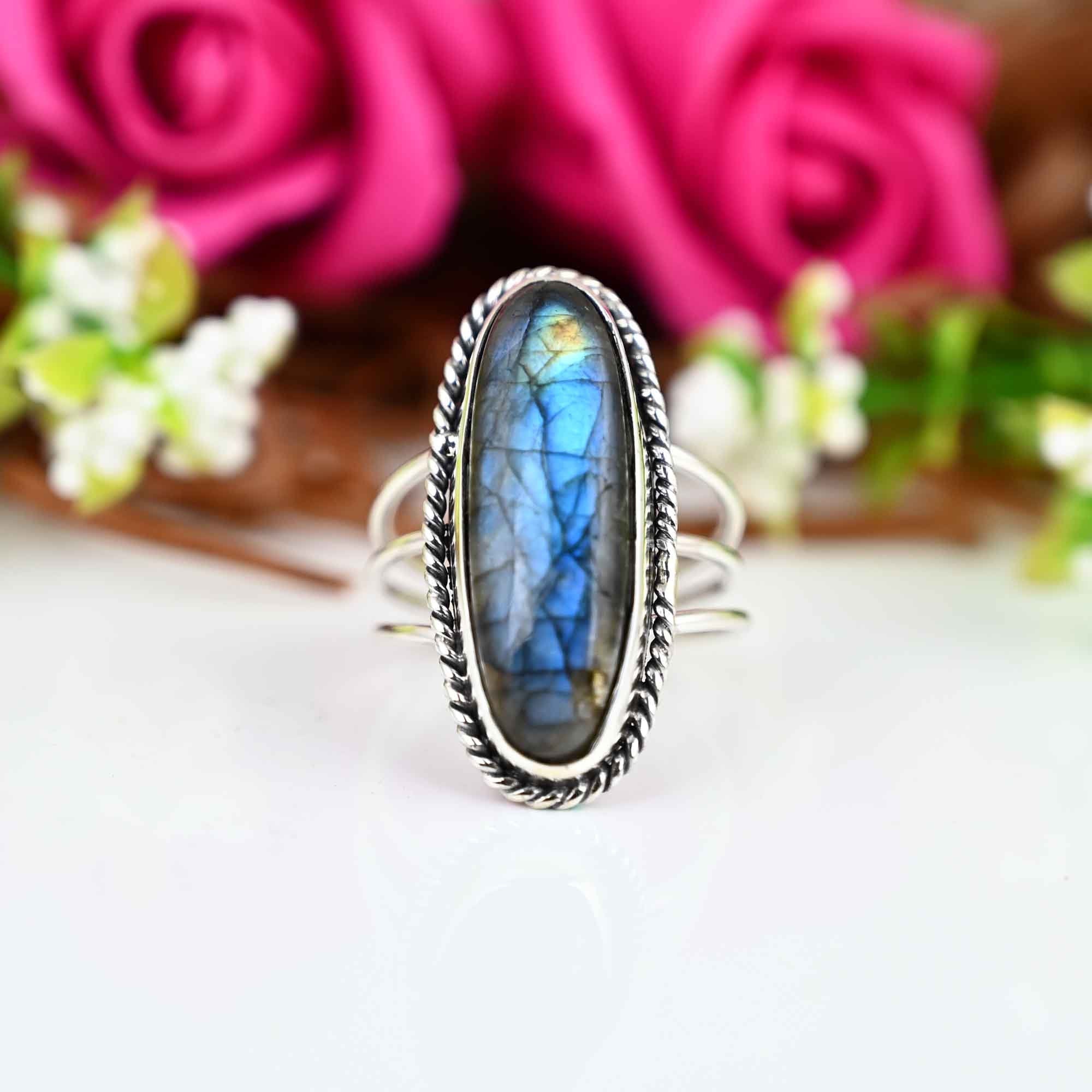Labrodite Ring, Sterling Silver Ring, Boho Ring, Natural Large Big Blue Stone Ring, Statement Ring, Labrodite Ring For Women