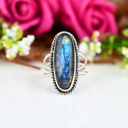 Labrodite Ring, Sterling Silver Ring, Boho Ring, Natural Large Big Blue Stone Ring, Statement Ring, Labrodite Ring For Women