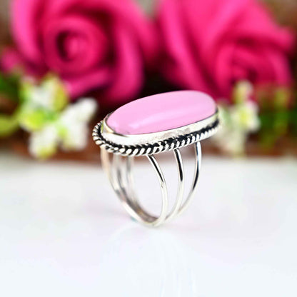 Big Stone Rose Quartz Ring, Sterling Silver Ring for Women, Statement Ring, Boho Ring, Large Gemstone Birthstone Bohemian Jewelry
