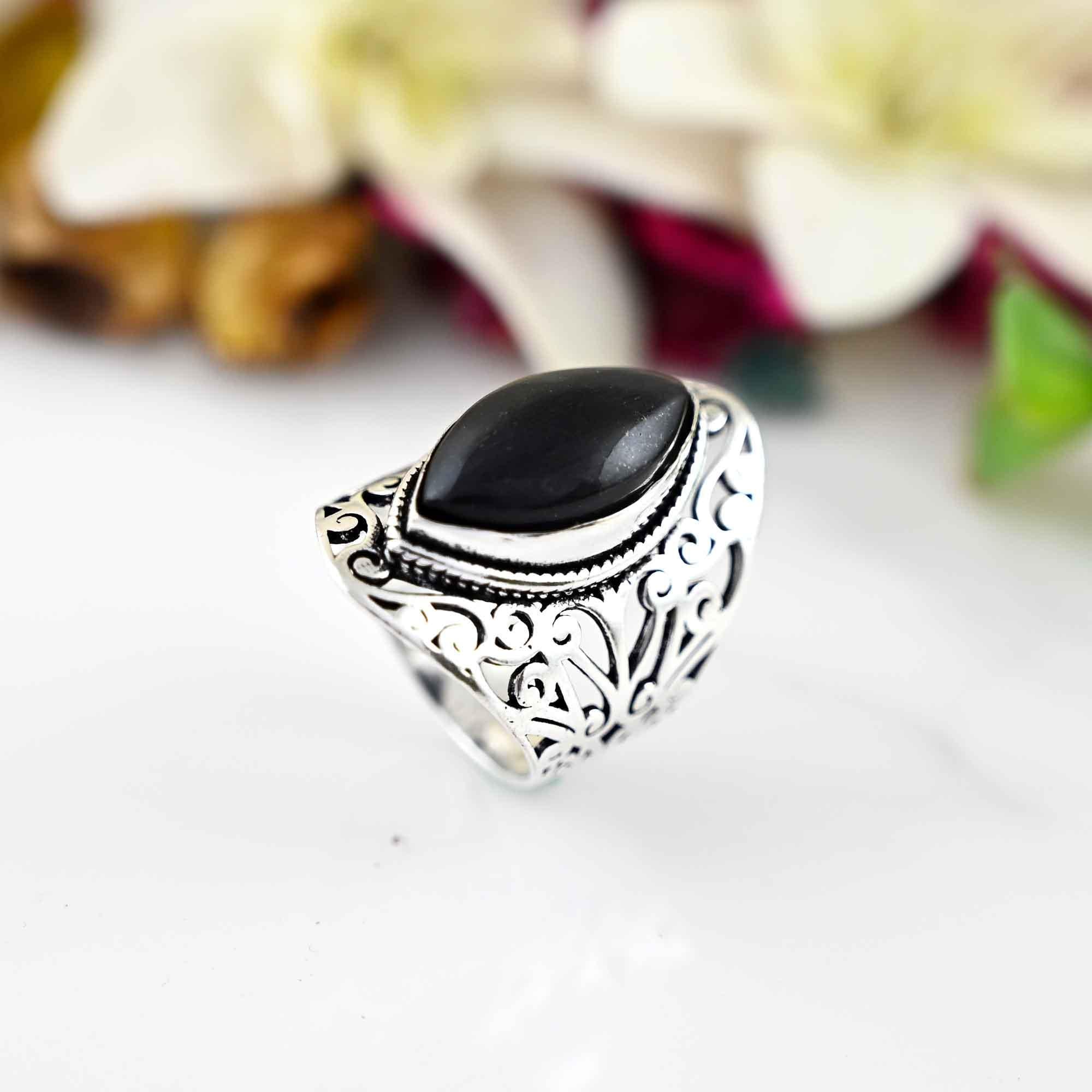 Black Obsidian Gemstone Ring, 925 Silver Large Ring, Obsidian Jewelry, Big Stone Ring, Gift For Her.