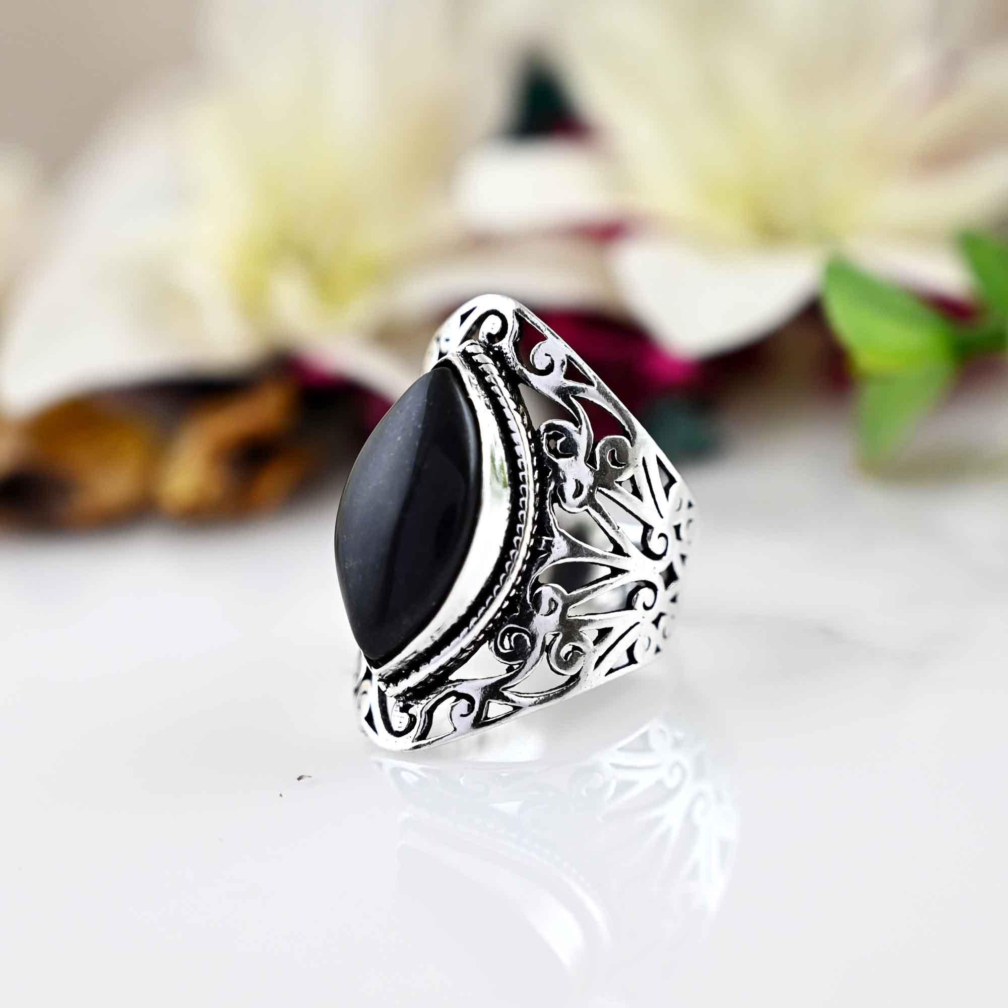 Black Obsidian Gemstone Ring, 925 Silver Large Ring, Obsidian Jewelry, Big Stone Ring, Gift For Her.