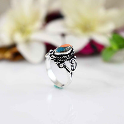 Copper Oyster Turquoise Ring Sterling Silver Ring, 5x10mm Marquise Oyster Turquoise Ring, Turquoise Silver Ring, Gemstone Ring, Gift For Her