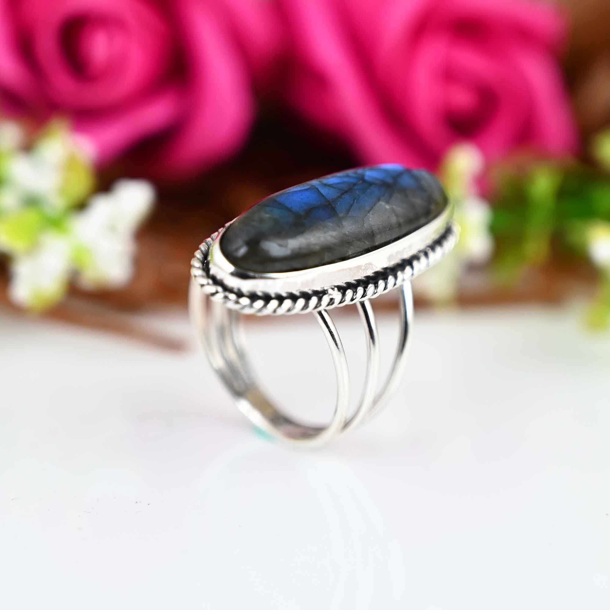 Labrodite Ring, Sterling Silver Ring, Boho Ring, Natural Large Big Blue Stone Ring, Statement Ring, Labrodite Ring For Women