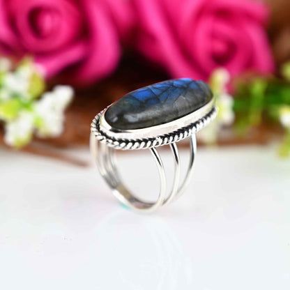 Labrodite Ring, Sterling Silver Ring, Boho Ring, Natural Large Big Blue Stone Ring, Statement Ring, Labrodite Ring For Women