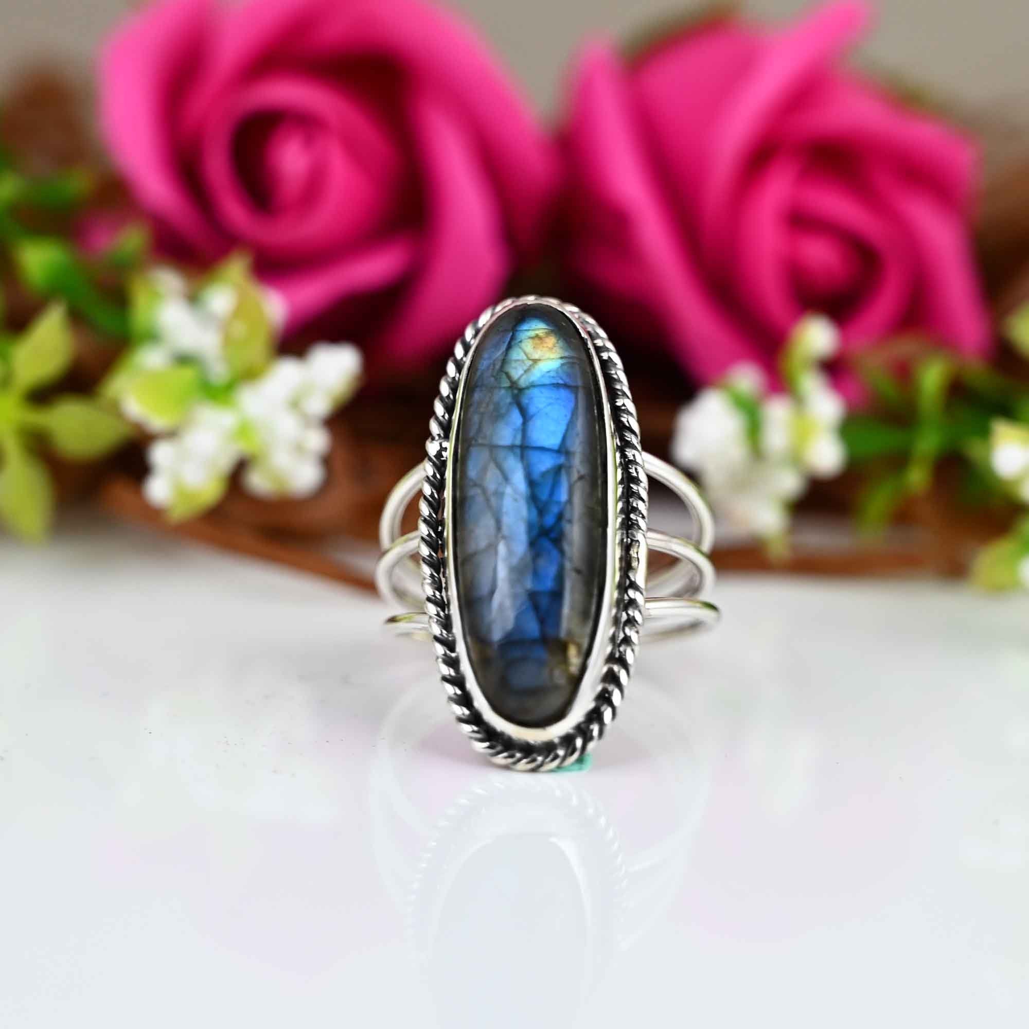 Labrodite Ring, Sterling Silver Ring, Boho Ring, Natural Large Big Blue Stone Ring, Statement Ring, Labrodite Ring For Women