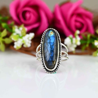 Labrodite Ring, Sterling Silver Ring, Boho Ring, Natural Large Big Blue Stone Ring, Statement Ring, Labrodite Ring For Women