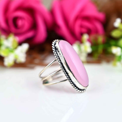 Big Stone Rose Quartz Ring, Sterling Silver Ring for Women, Statement Ring, Boho Ring, Large Gemstone Birthstone Bohemian Jewelry