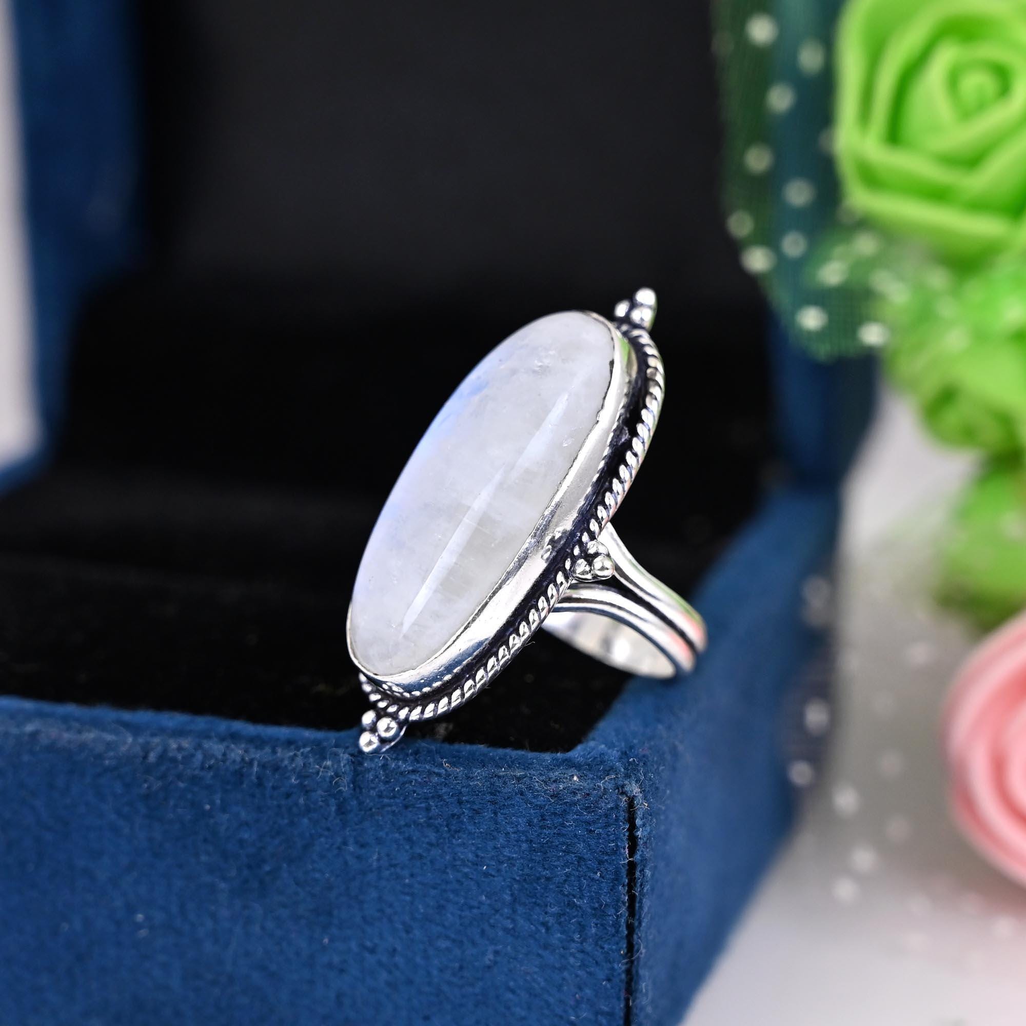 Moonstone Ring for Women, Sterling Silver Ring, Boho Ring, Natural Large Big Blue Stone Ring, Statement Ring
