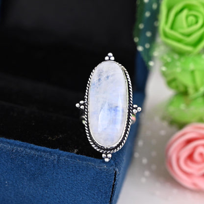 Moonstone Ring for Women, Sterling Silver Ring, Boho Ring, Natural Large Big Blue Stone Ring, Statement Ring