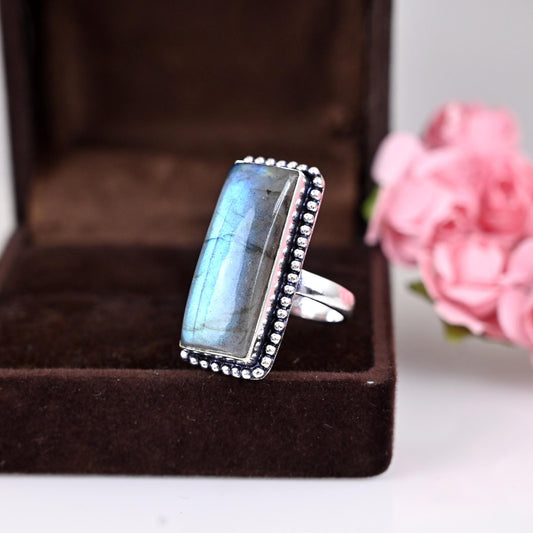 Big Labradorite Ring, Silver Ring, Gemstone Ring, Statement Ring, Big Blue Ring, Bridal Ring, Natural Labradorite Jewelry,  Gift For Mom