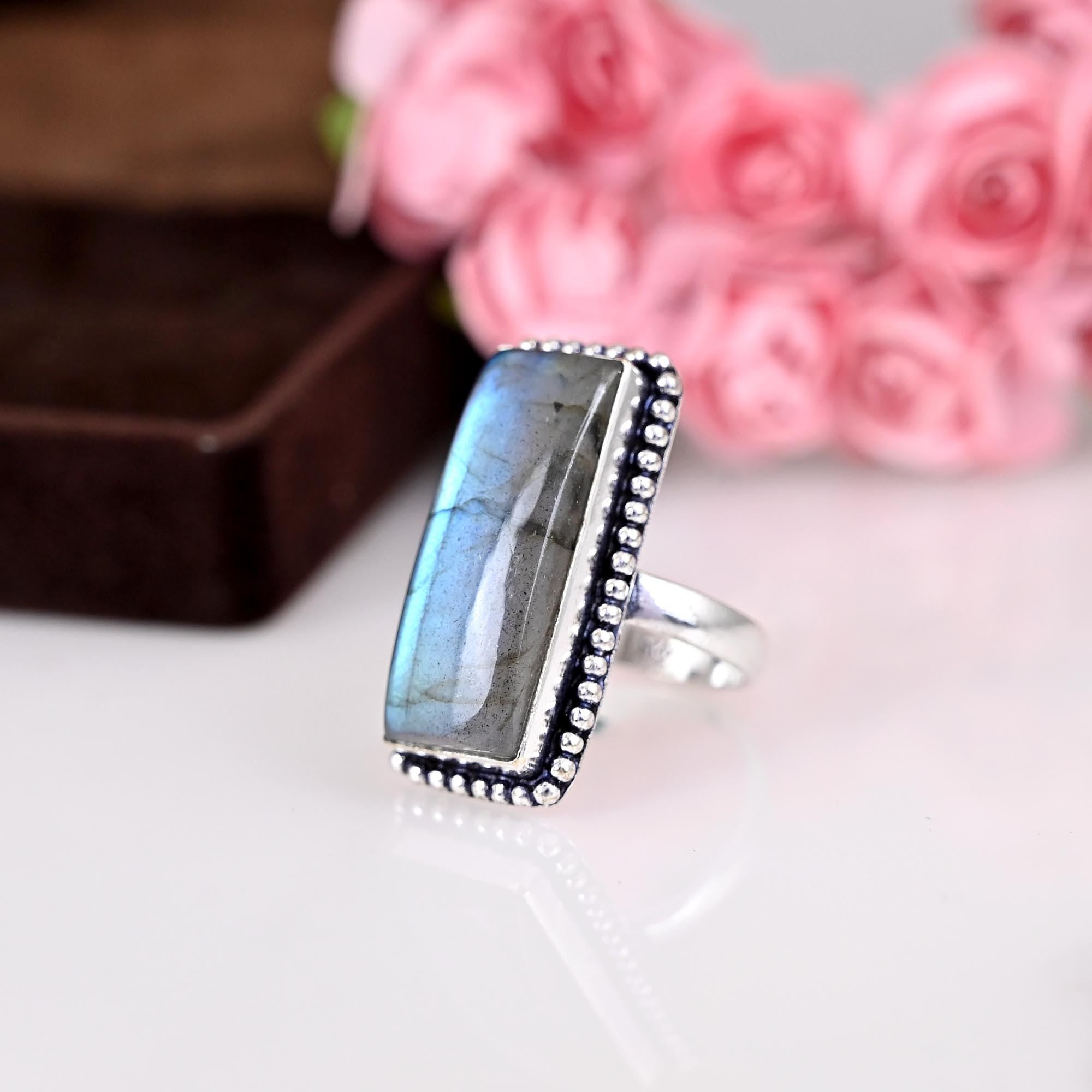 Big Labradorite Ring, Silver Ring, Gemstone Ring, Statement Ring, Big Blue Ring, Bridal Ring, Natural Labradorite Jewelry,  Gift For Mom