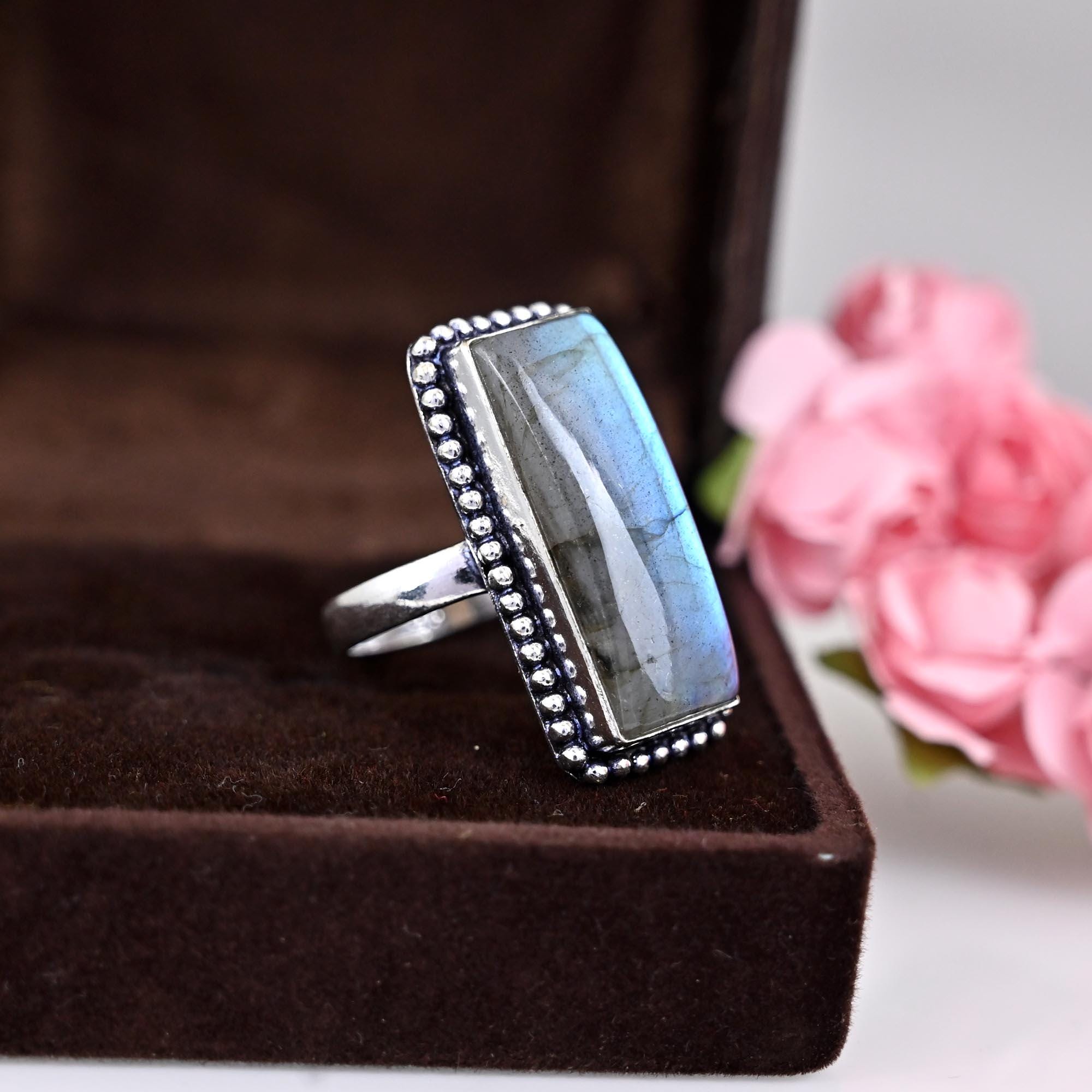 Big Labradorite Ring, Silver Ring, Gemstone Ring, Statement Ring, Big Blue Ring, Bridal Ring, Natural Labradorite Jewelry,  Gift For Mom