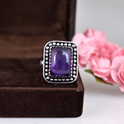 Large Amethyst and Mother, Boho Silver Ring, Natural Amethyst Sterling Silver Ring, Gift for Her, Birthstone Ring, Anniversary Gift,