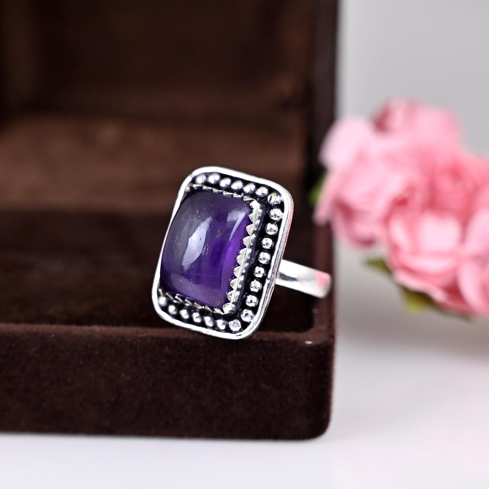 Large Amethyst and Mother, Boho Silver Ring, Natural Amethyst Sterling Silver Ring, Gift for Her, Birthstone Ring, Anniversary Gift,