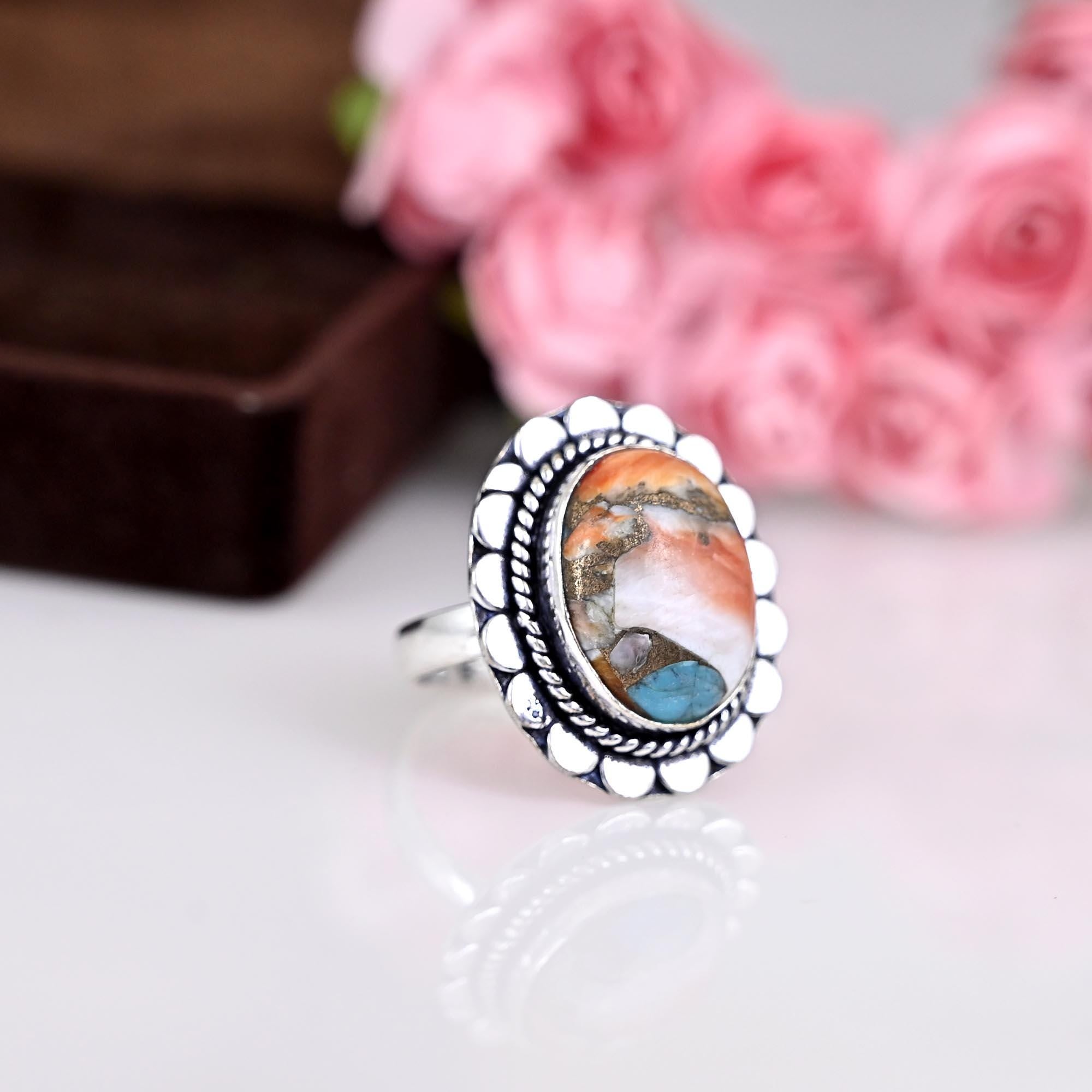 Oyster Copper Turquoise Ring for Women, Sterling Silver Ring, Boho Jewelry, Oval Stone Ring, Statement Ring Delicate Ring, Gift For Her,