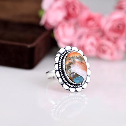 Oyster Copper Turquoise Ring for Women, Sterling Silver Ring, Boho Jewelry, Oval Stone Ring, Statement Ring Delicate Ring, Gift For Her,