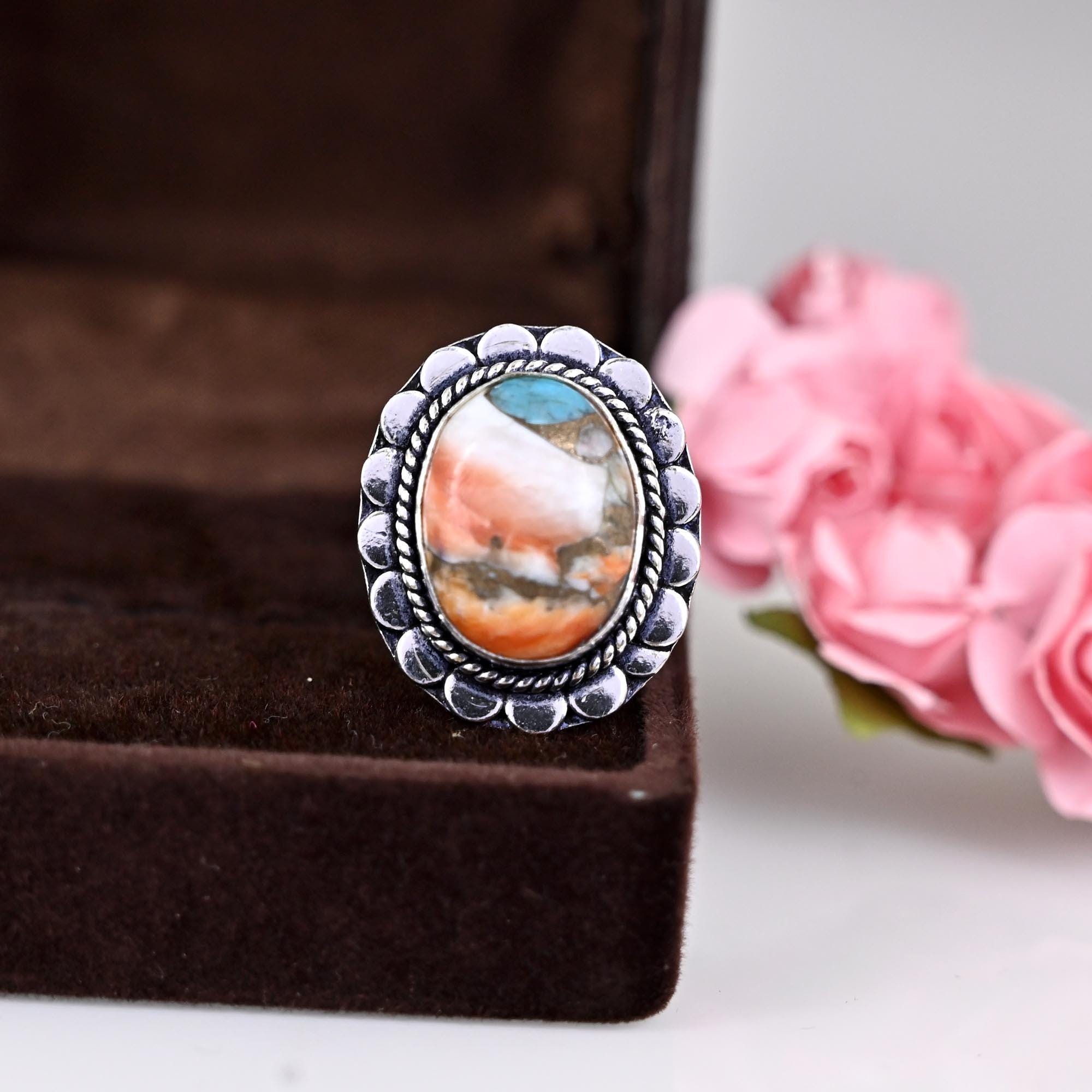 Oyster Copper Turquoise Ring for Women, Sterling Silver Ring, Boho Jewelry, Oval Stone Ring, Statement Ring Delicate Ring, Gift For Her,