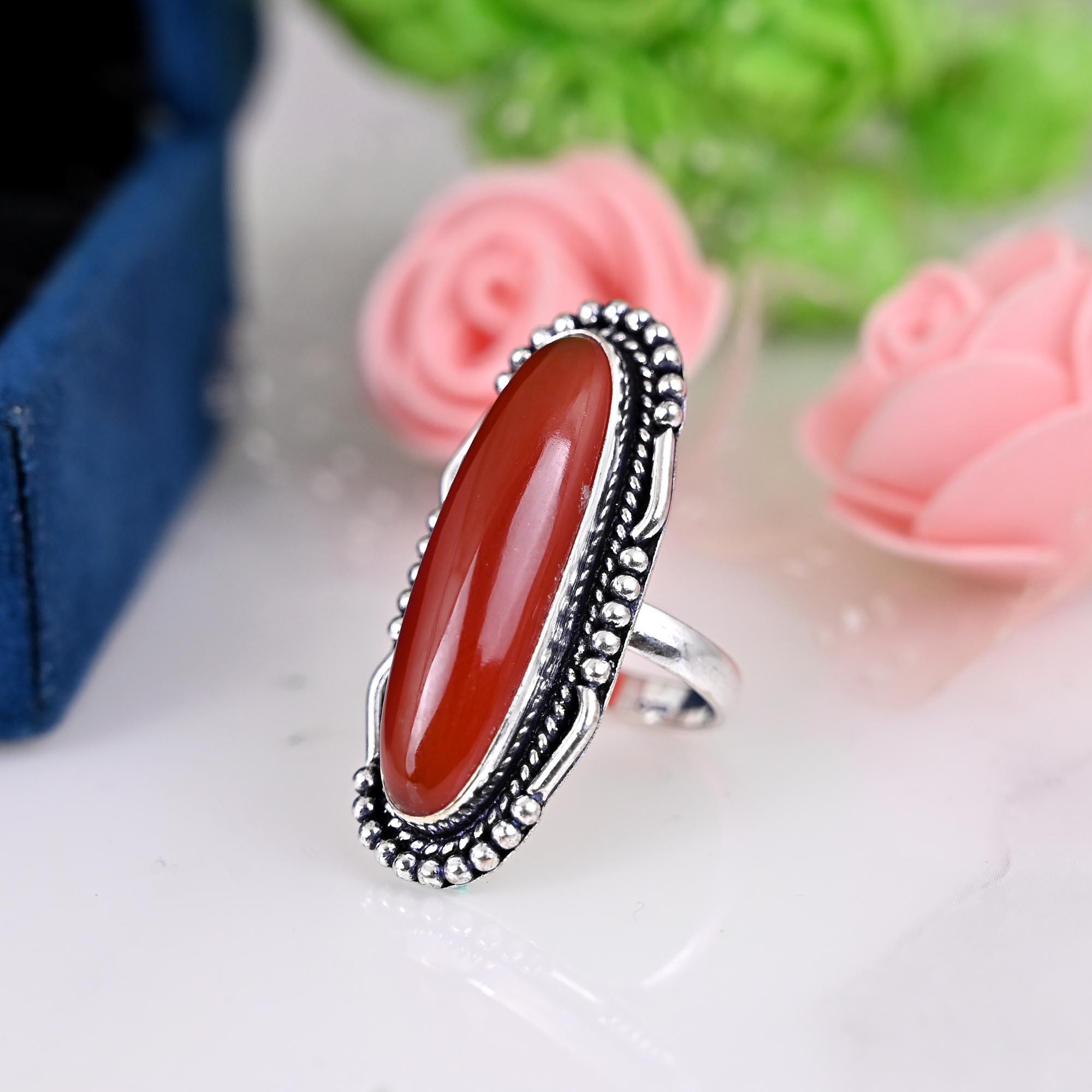 Big Carnelian Gemstone Statement Ring for Women, Silver Oval Carnelian Boho Ring Gift, Birthday, Anniversary, Promise Ring Gift for Her.
