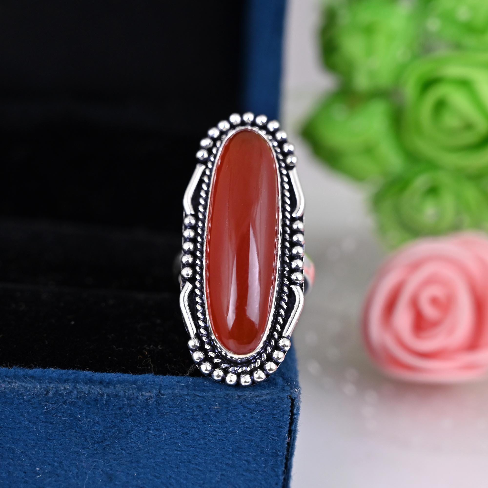 Big Carnelian Gemstone Statement Ring for Women, Silver Oval Carnelian Boho Ring Gift, Birthday, Anniversary, Promise Ring Gift for Her.