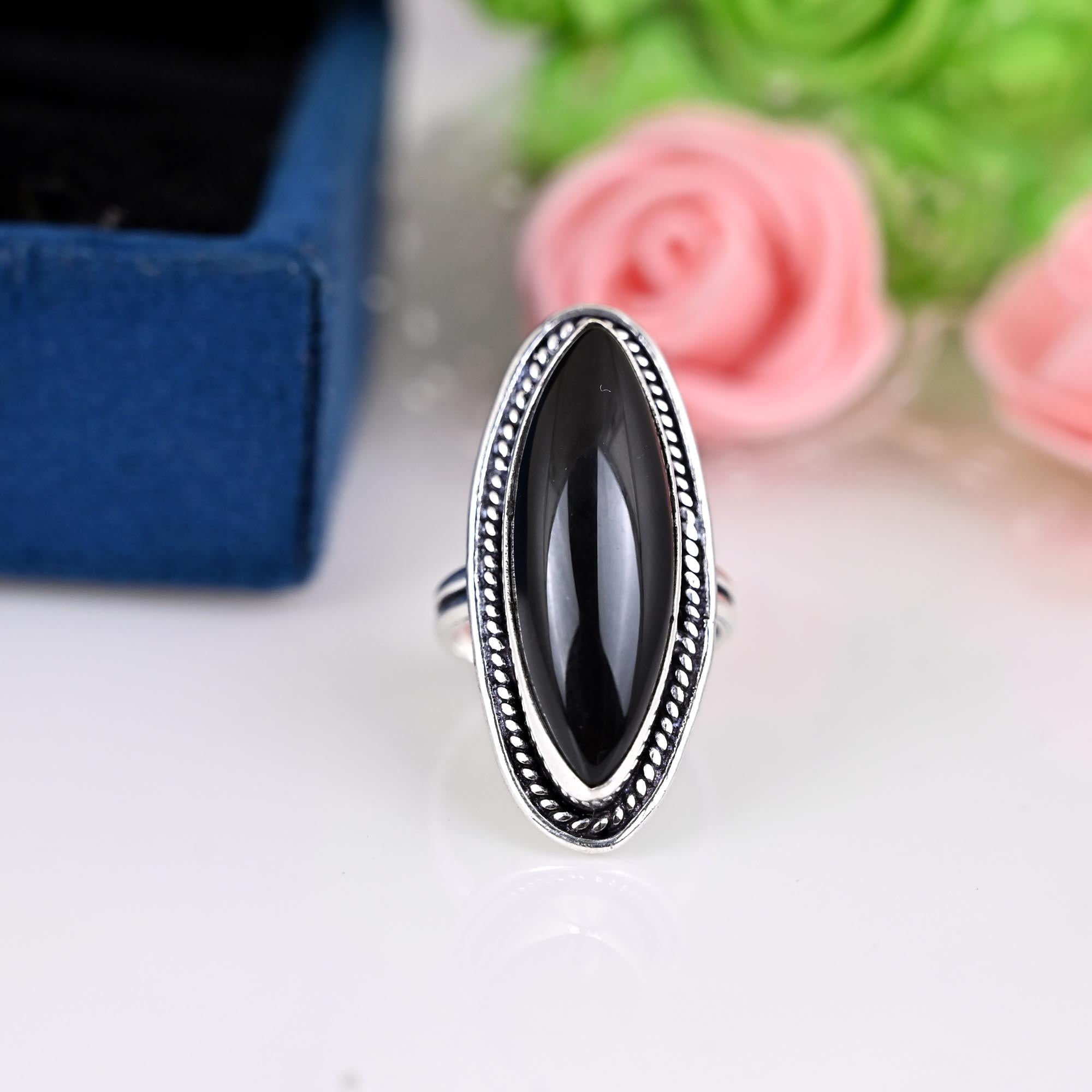 Genuine Black Onyx Ring Black Onyx Statement Ring For Women Black Stone Onyx Ring in Silver Huge Marquise Ring Minimalist Rings,