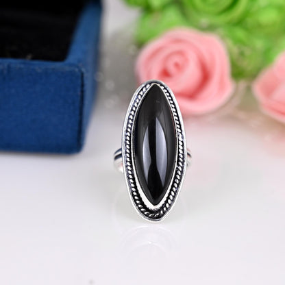 Genuine Black Onyx Ring Black Onyx Statement Ring For Women Black Stone Onyx Ring in Silver Huge Marquise Ring Minimalist Rings,