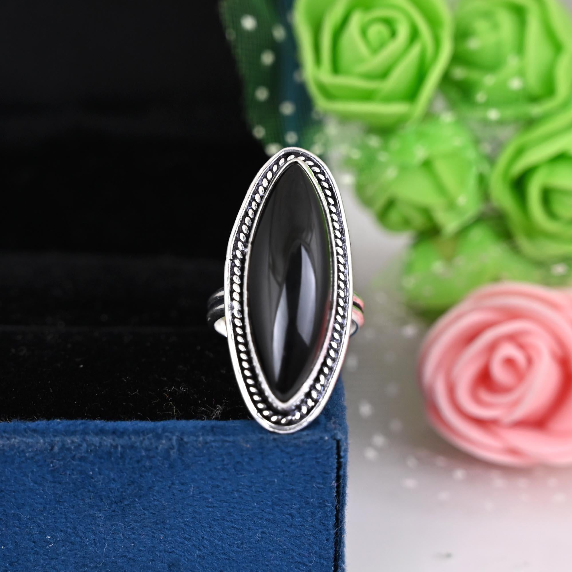 Genuine Black Onyx Ring Black Onyx Statement Ring For Women Black Stone Onyx Ring in Silver Huge Marquise Ring Minimalist Rings,