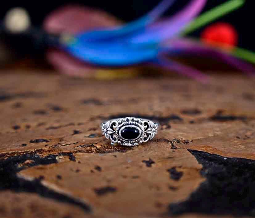 Flower Black Obsidian Ring, 925 Sterling Silver Ring, Women Gift Ring, Gemstone Ring , Silver Ring, Obsidian Jewelry