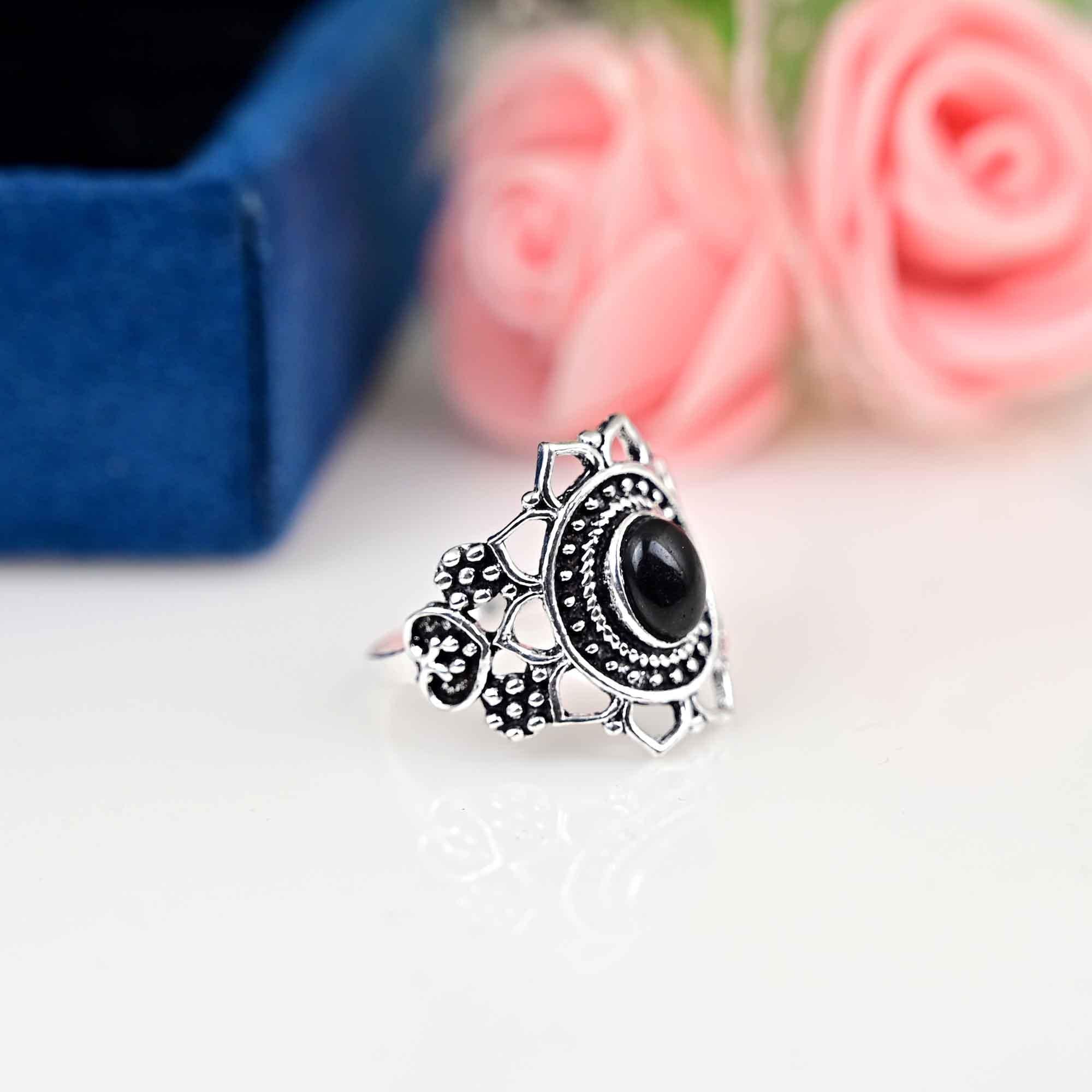 Filigree Ring - Black Obsidian Ring, 925 Sterling Silver Ring, Women Gift Ring, Gemstone Ring, Ring, Silver Ring, Obsidian Jewelry