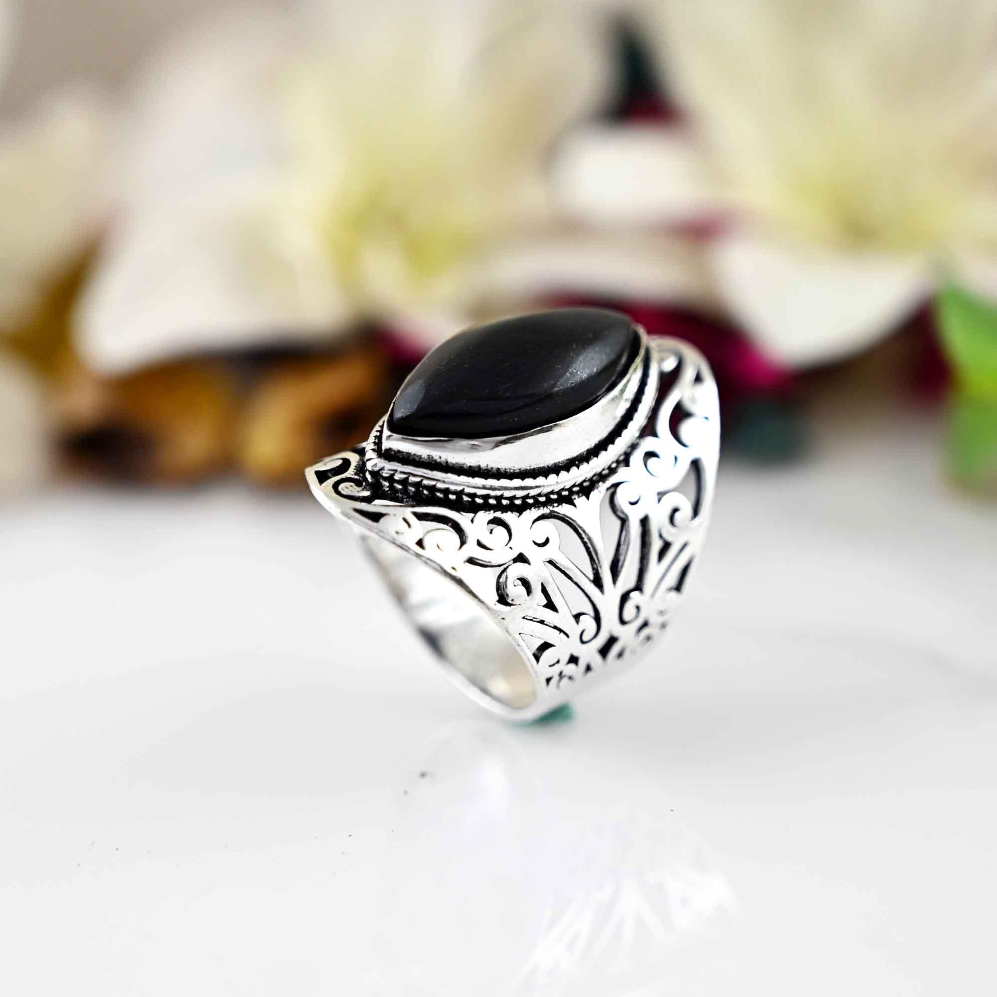Black Obsidian Gemstone Ring, 925 Silver Large Ring, Obsidian Jewelry, Big Stone Ring, Gift For Her.