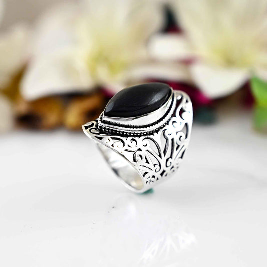 Black Obsidian Gemstone Ring, 925 Silver Large Ring, Obsidian Jewelry, Big Stone Ring, Gift For Her.