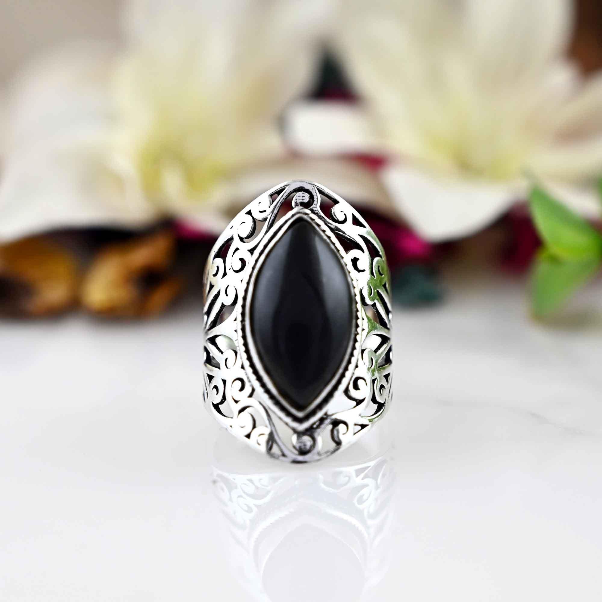 Black Obsidian Gemstone Ring, 925 Silver Large Ring, Obsidian Jewelry, Big Stone Ring, Gift For Her.