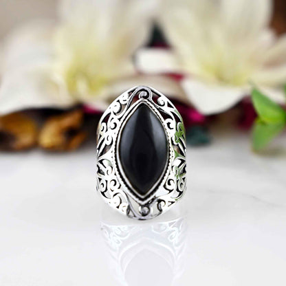 Black Obsidian Gemstone Ring, 925 Silver Large Ring, Obsidian Jewelry, Big Stone Ring, Gift For Her.