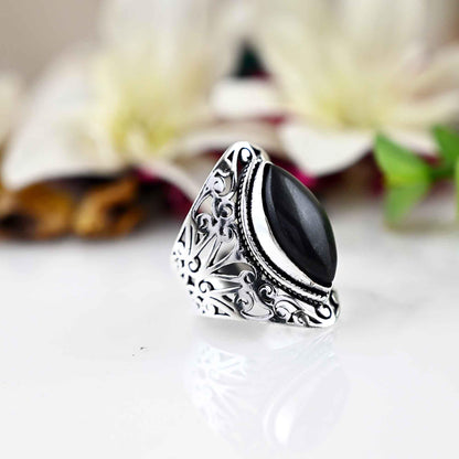 Black Obsidian Gemstone Ring, 925 Silver Large Ring, Obsidian Jewelry, Big Stone Ring, Gift For Her.