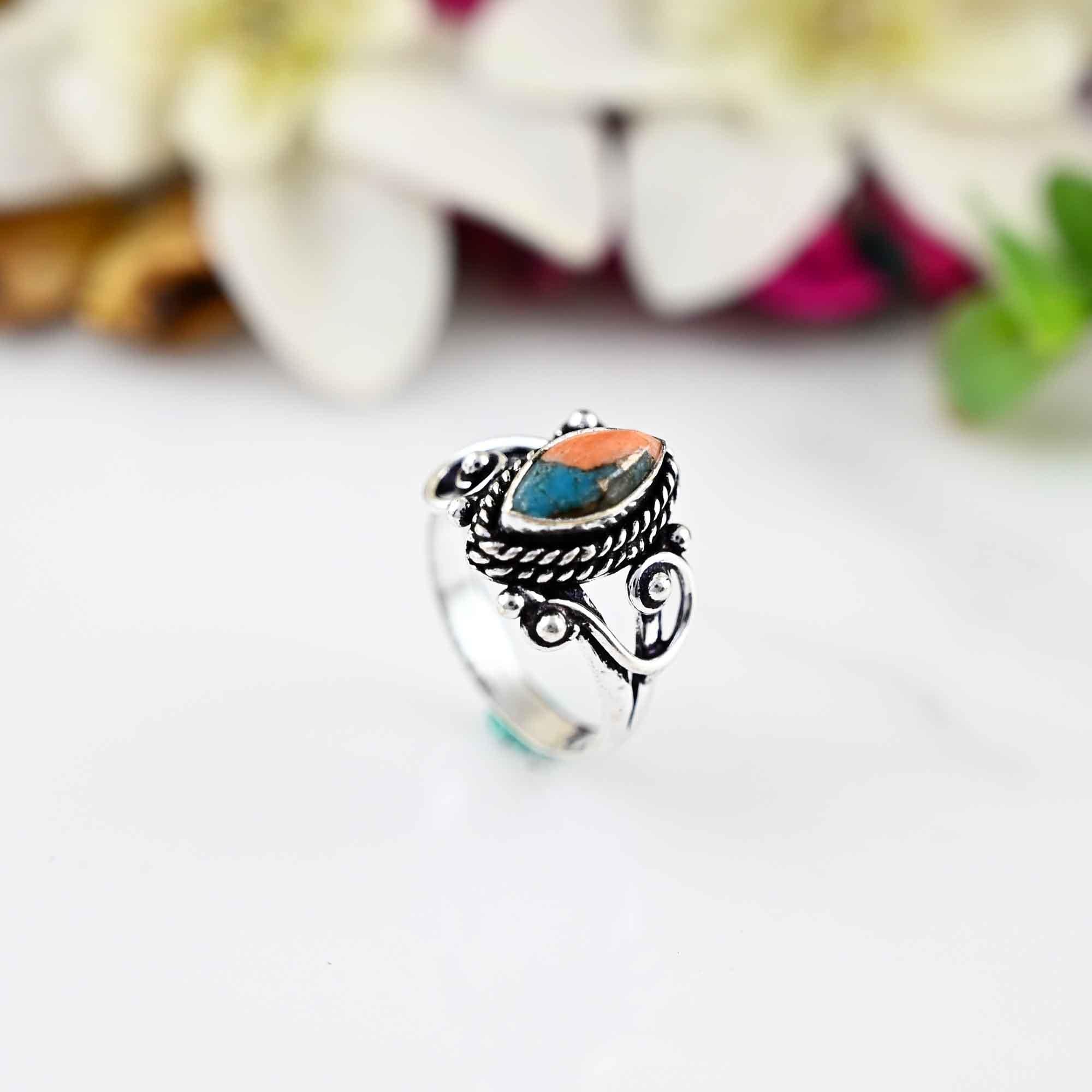 Copper Oyster Turquoise Ring Sterling Silver Ring, 5x10mm Marquise Oyster Turquoise Ring, Turquoise Silver Ring, Gemstone Ring, Gift For Her