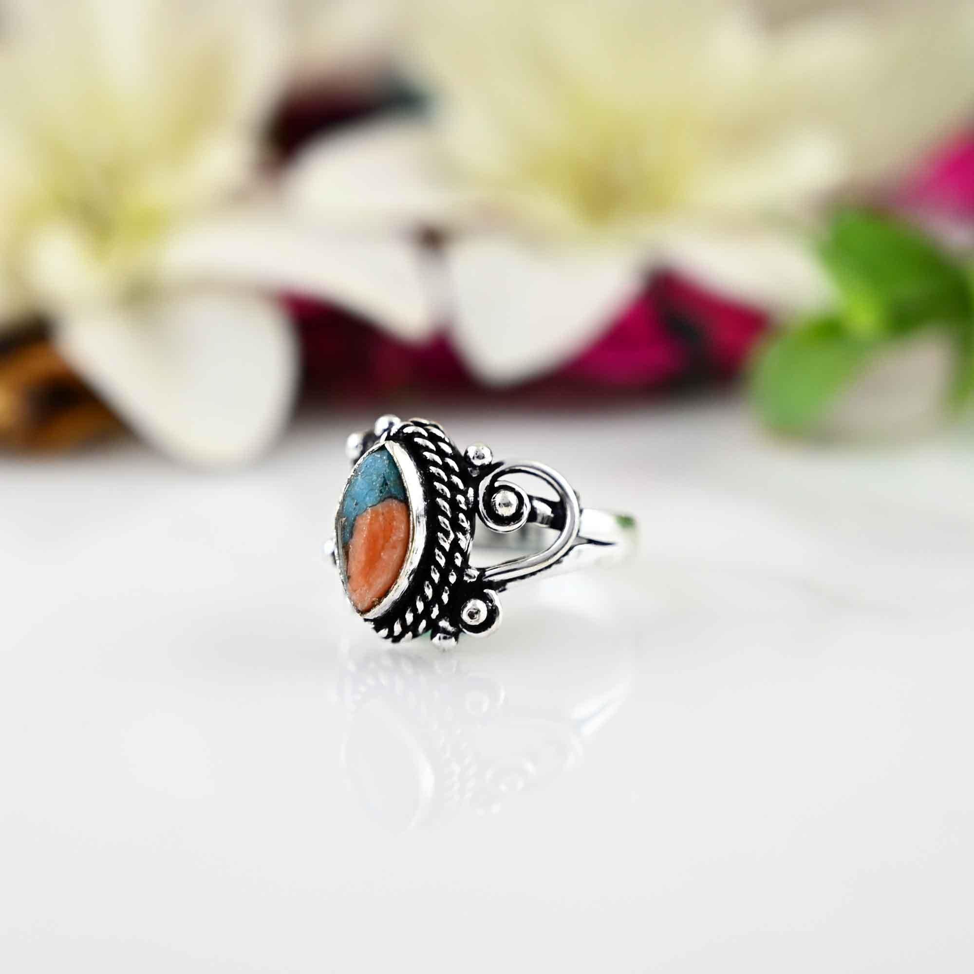 Copper Oyster Turquoise Ring Sterling Silver Ring, 5x10mm Marquise Oyster Turquoise Ring, Turquoise Silver Ring, Gemstone Ring, Gift For Her