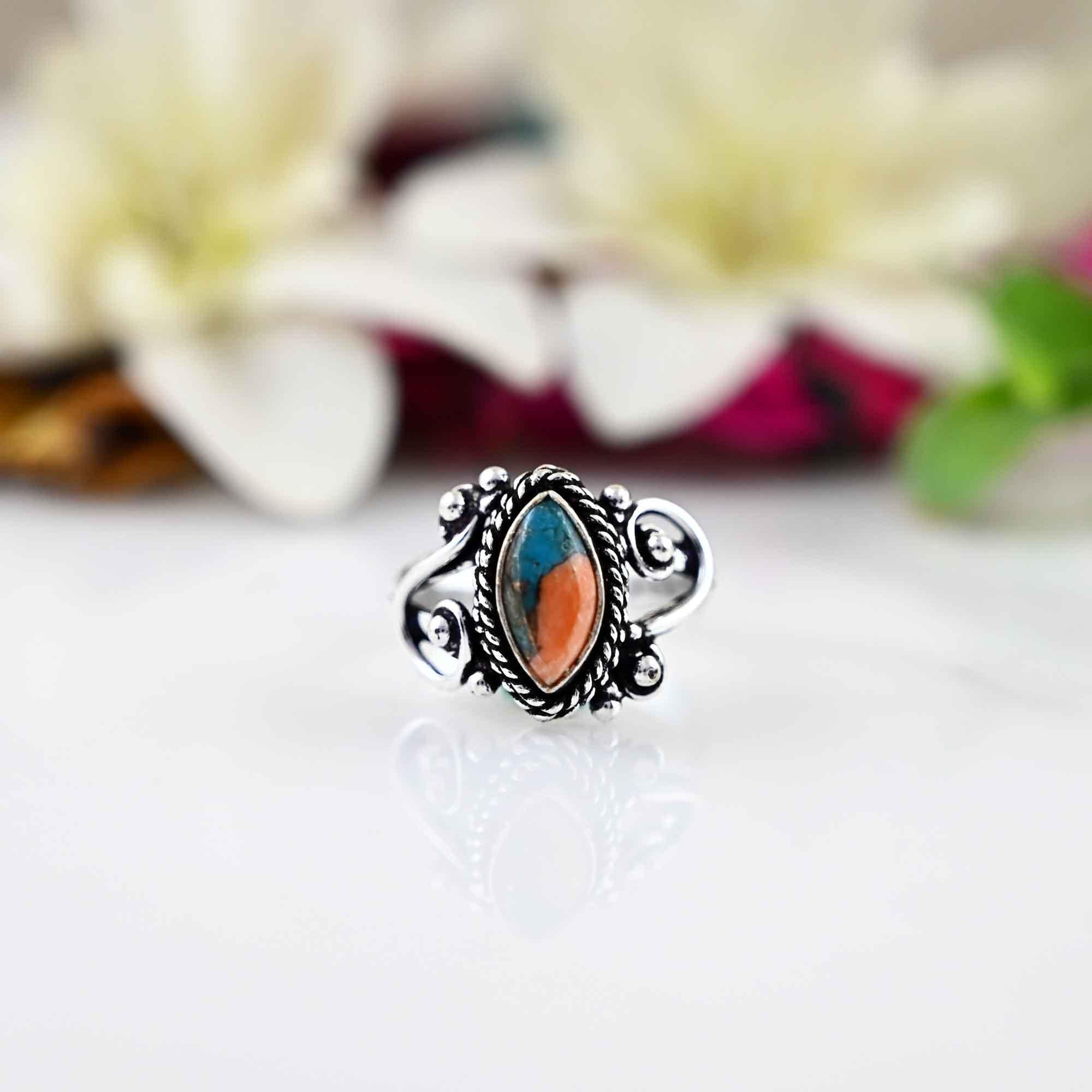 Copper Oyster Turquoise Ring Sterling Silver Ring, 5x10mm Marquise Oyster Turquoise Ring, Turquoise Silver Ring, Gemstone Ring, Gift For Her